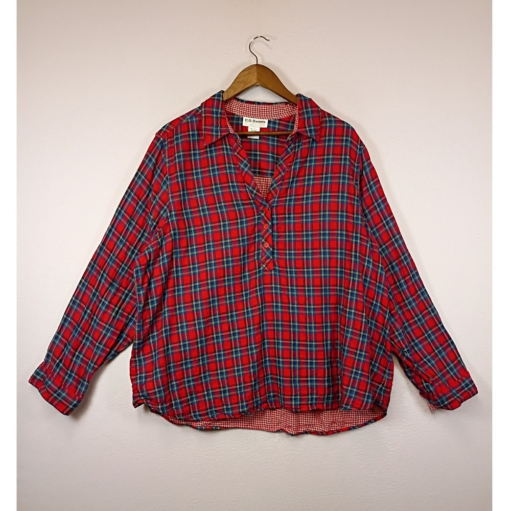 Cottagecore C.D. Daniels Womens 2X Red Plaid Cotton Gingham Trim Popover Top